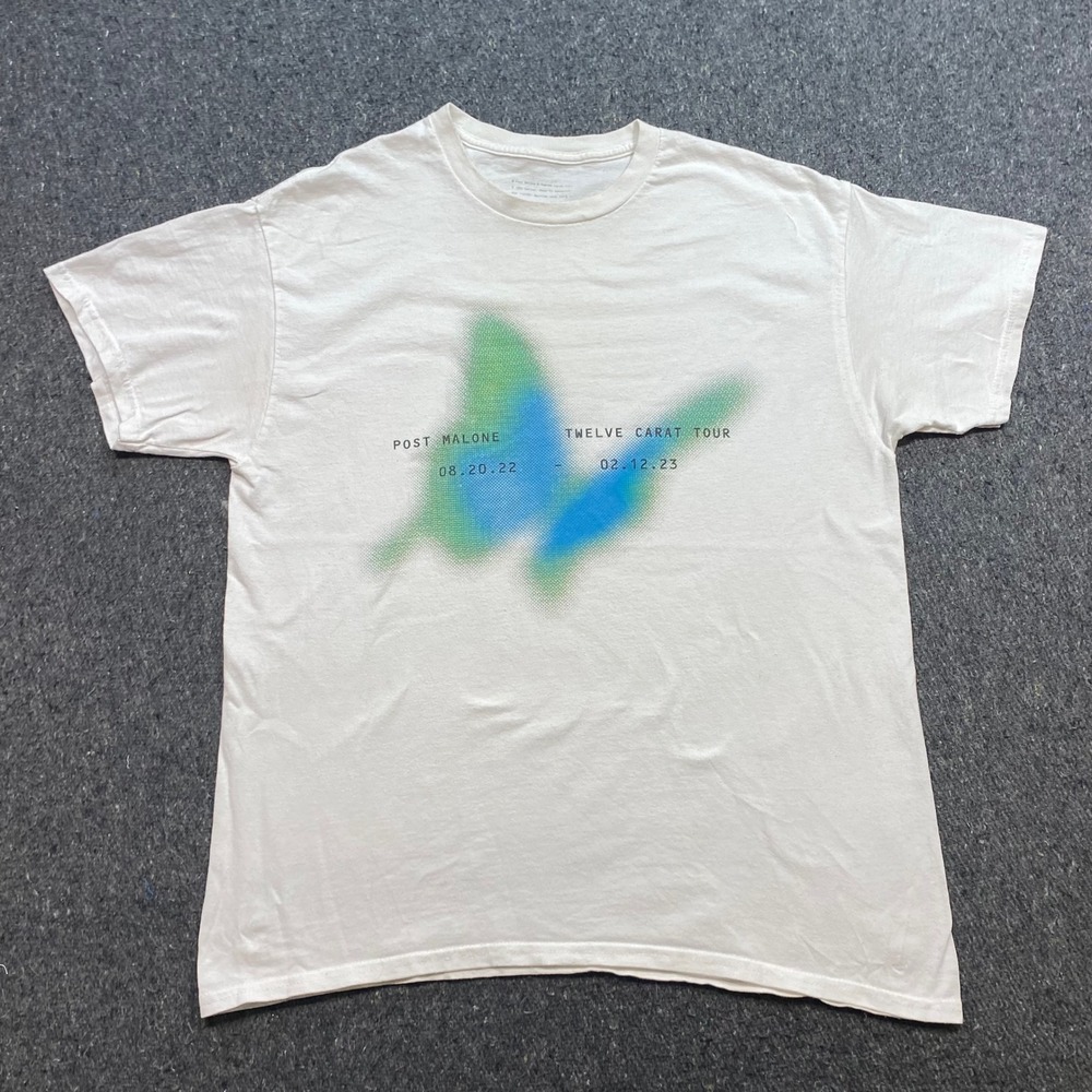 Post Malone Twelve Carat Tour Sz L Mens White Butterfly Graphic TShirt